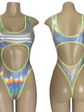 Holographic Neon-Trim Cutout One-Piece Bodysuit
